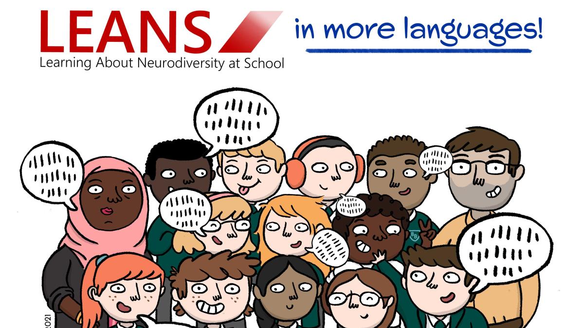 The text "LEANS in more languages" displays above an illustration of a diverse group of pupils and teachers.