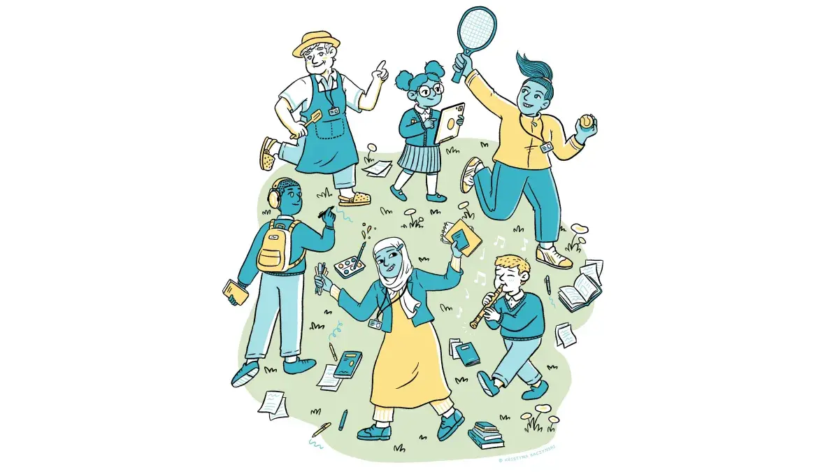 Diverse group of children and adults walking in a circle and doing different activities.