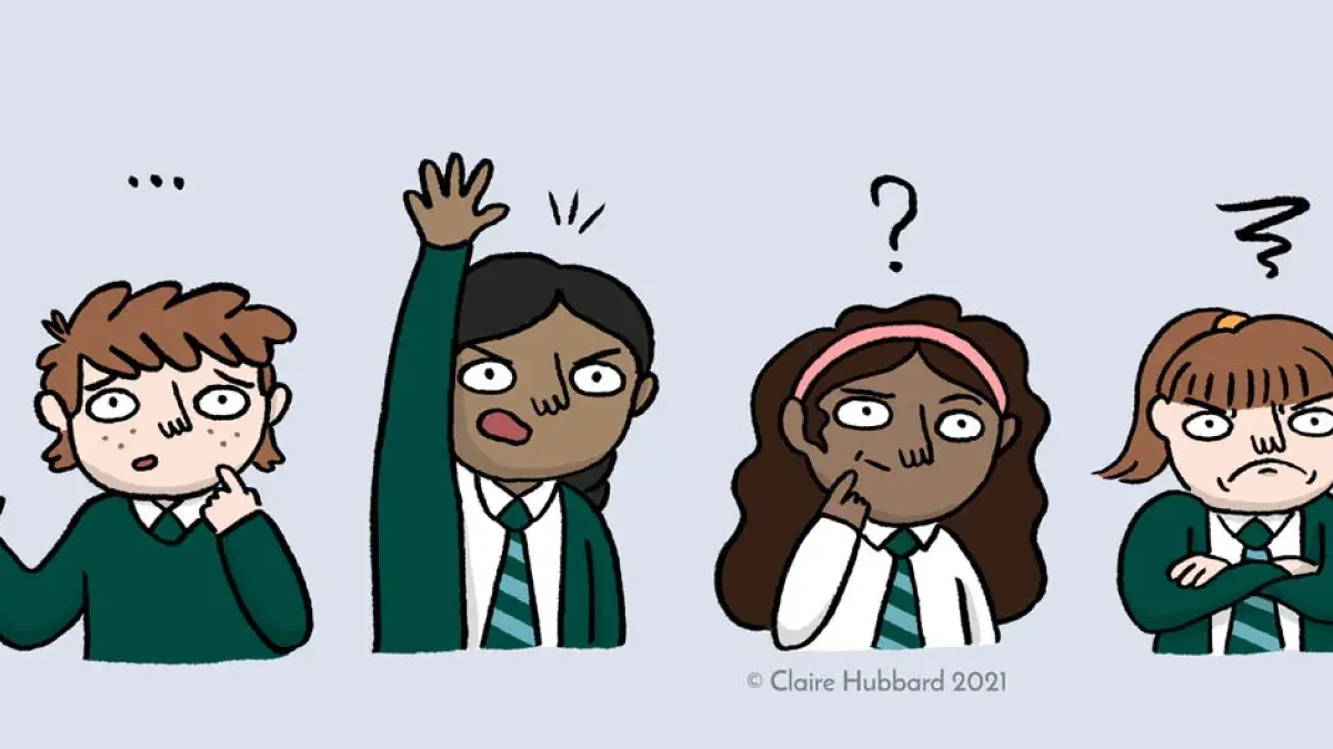 A diverse group of children all looking confused or like they are asking a question.