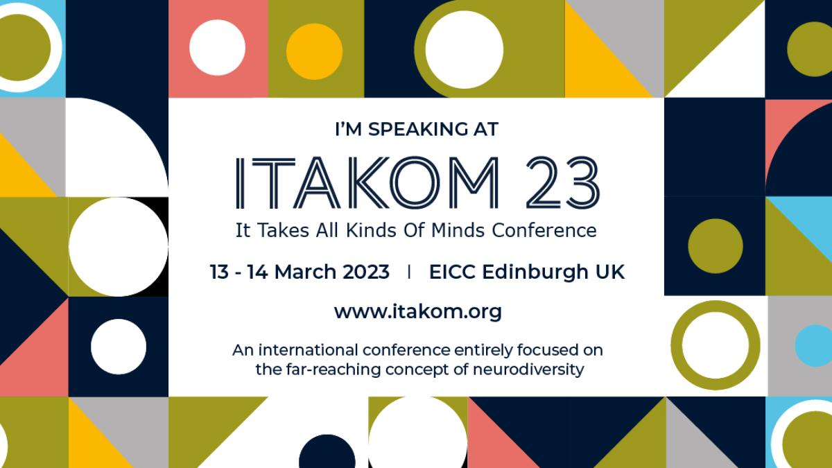 announcement of I'm speaking at ITAKOM conference with background of multicoloured circles and squares 