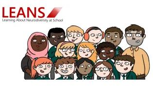 A diverse group of pupils and teachers standing together beside text that reads "LEANS"