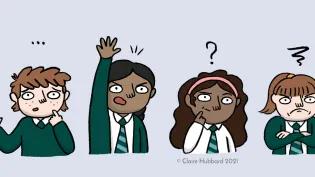 A diverse group of children all looking confused or like they are asking a question.