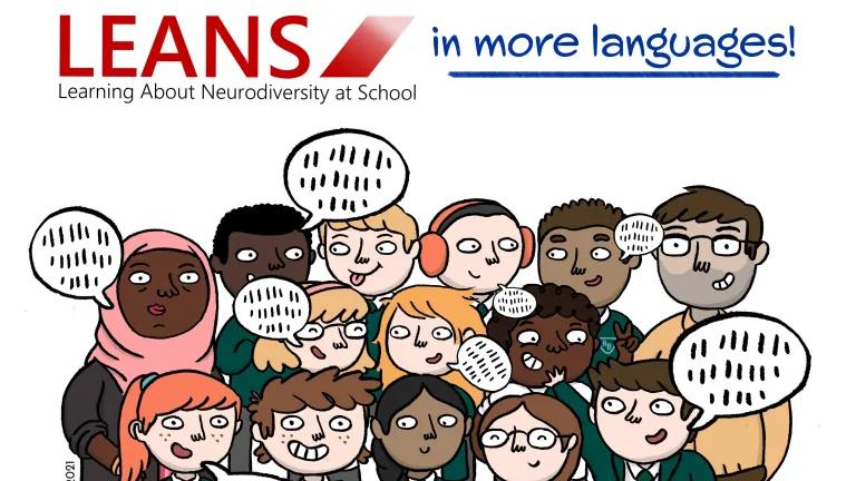 The text "LEANS in more languages" displays above an illustration of a diverse group of pupils and teachers.