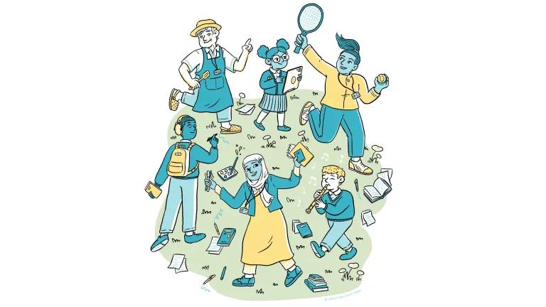Diverse group of children and adults walking in a circle and doing different activities.