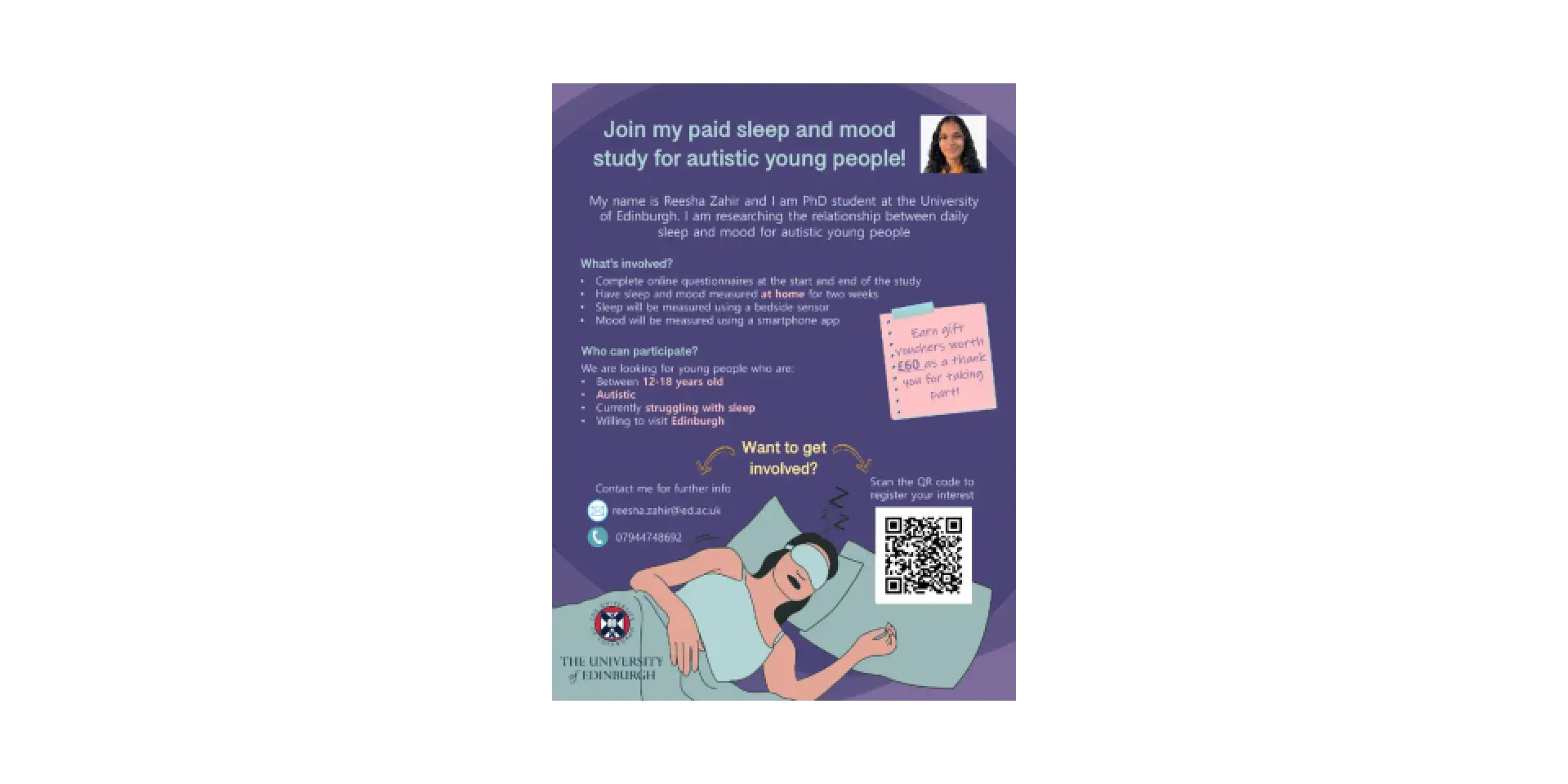 Poster for sleep and mood study with image of sleeping person and photo of researcher