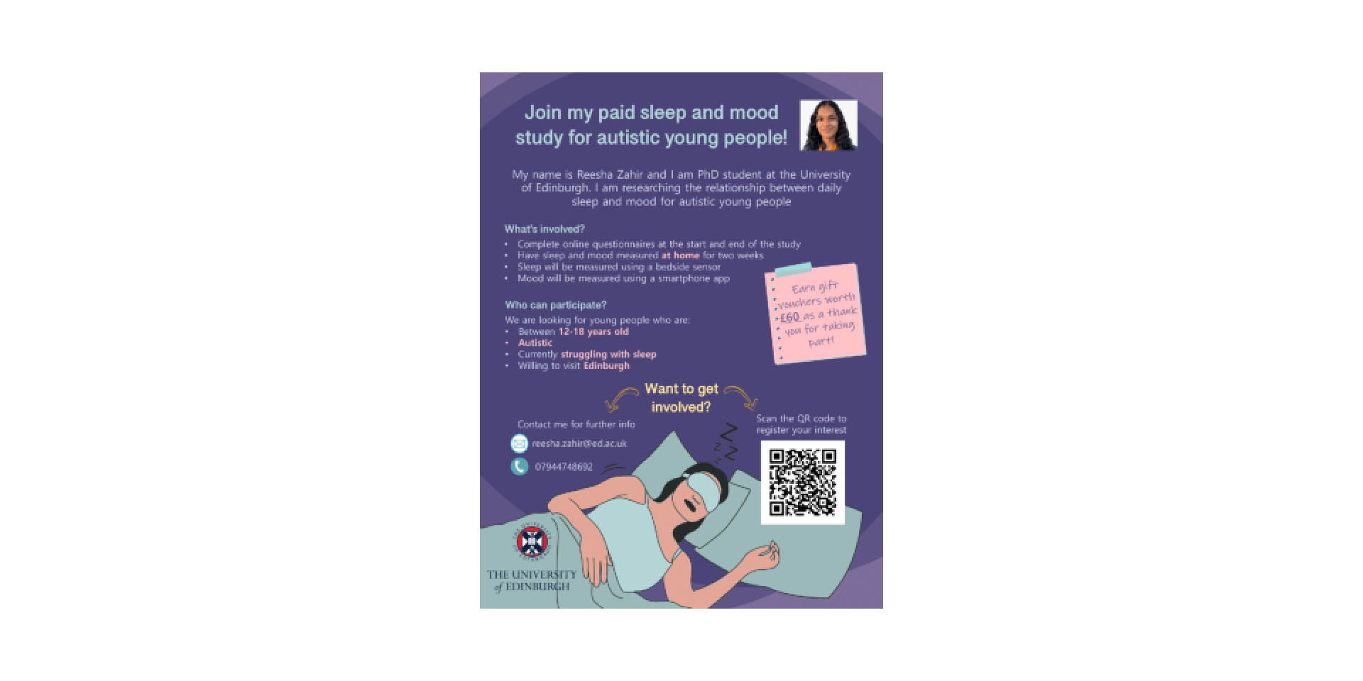 Poster for sleep and mood study with image of sleeping person and photo of researcher