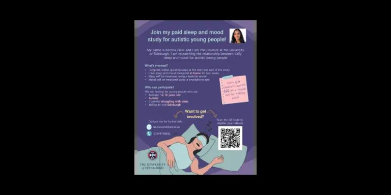 Poster for sleep and mood study with image of sleeping person and photo of researcher