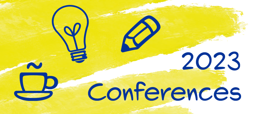 Text reading "Conferences 2023" appears next to illustrations of a cup of tea, a lightbulb, and a pencil.