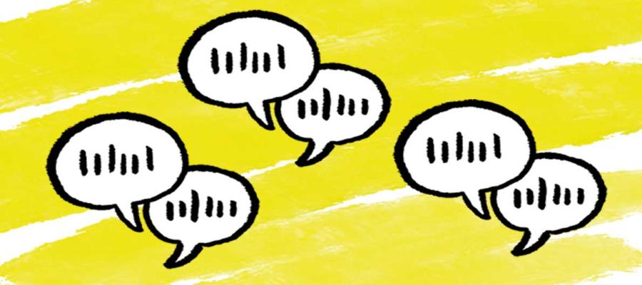 Illustration of several speech bubbles on a yellow background.
