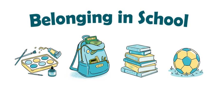 The text "belonging in school" appears over a a paint set, backpack, pile of books, and a football