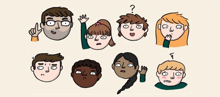 Illustration of a diverse group of school children who all look confused or like they have a question. The teacher looks like they have the answer.
