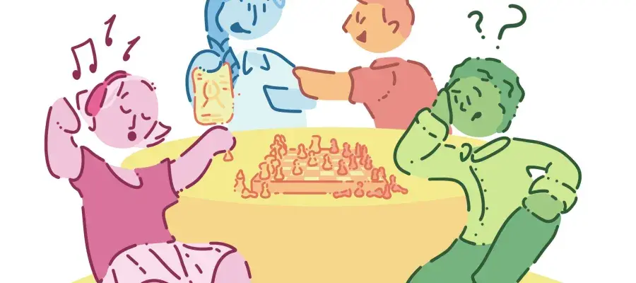 Four characters sat around a table engaging in different activities including listening to music, playing chess, and talking to one another.