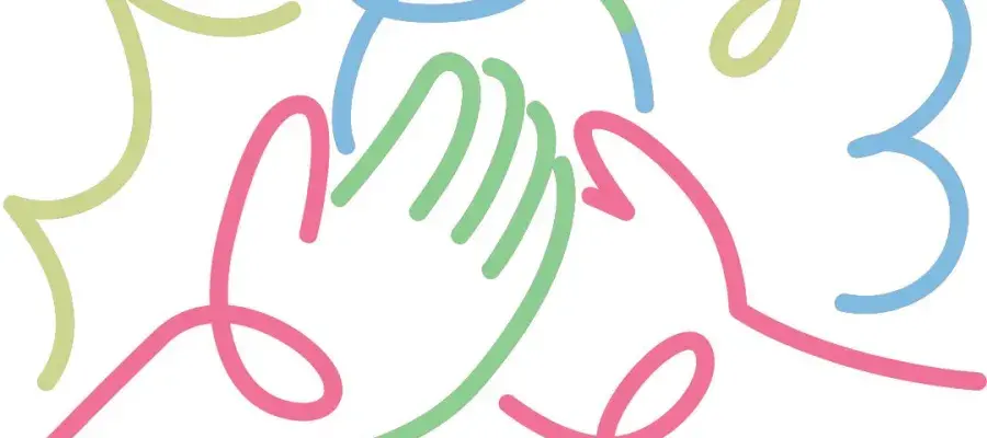 Line drawing of three hands together.
