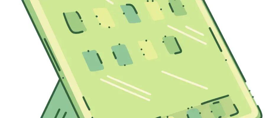 An illustrated iPad (green).