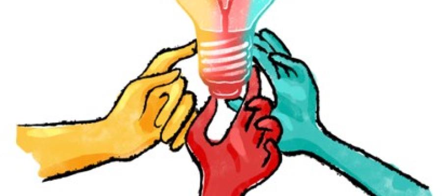 drawing of 3 hands holding a light bulb