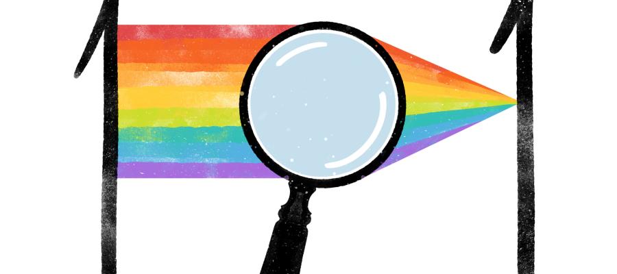 Research 101 wording with image of zero as a magnifying glass on background of rainbow arrow