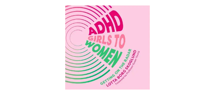 book title 'girls to women' emerging from multiple widening circles on pink background