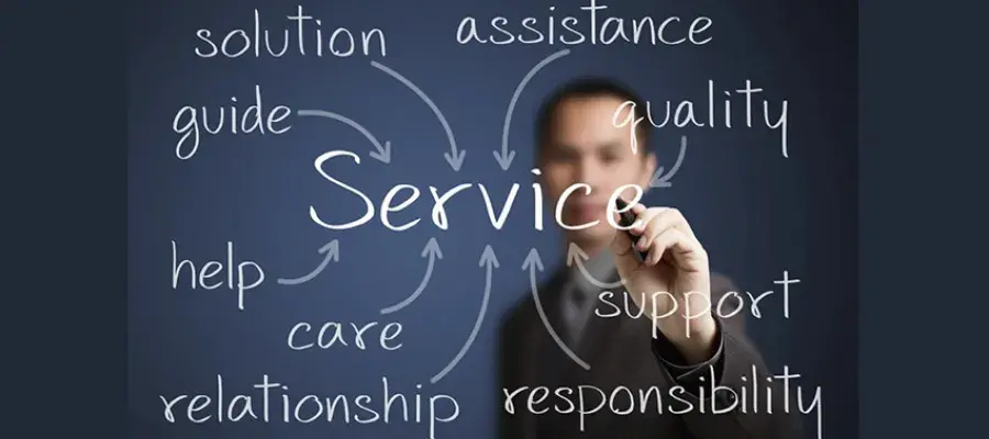 Image of person writing the word service on clear glass screen surrounded by other words, such as care and support, with arrows pointing to the central word