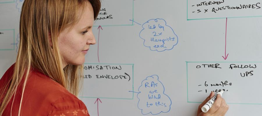 researcher writing on a white board