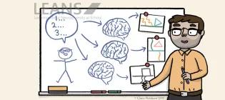 A teache stands in front of a board. The board has a drawing of a person and three different brains representing neurodiversity