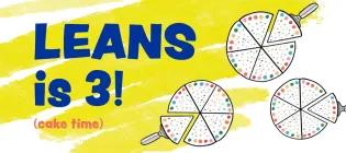 Drawing of 3 cakes with wording LEANS is 3 (cake time)