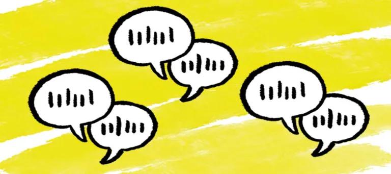 Illustration of several speech bubbles on a yellow background.
