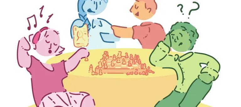 Four characters sat around a table engaging in different activities including listening to music, playing chess, and talking to one another.