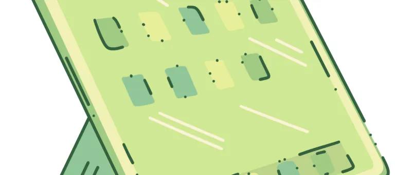An illustrated iPad (green).