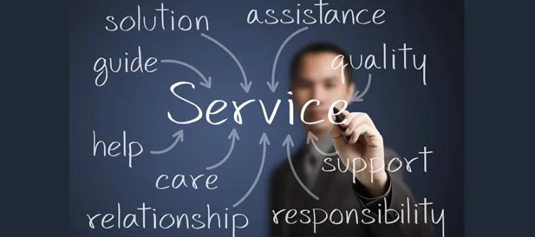 Image of person writing the word service on clear glass screen surrounded by other words, such as care and support, with arrows pointing to the central word
