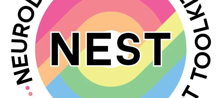 a rainbow coloured circle logo with the words NEST. Neurodivergent peer support toolkit