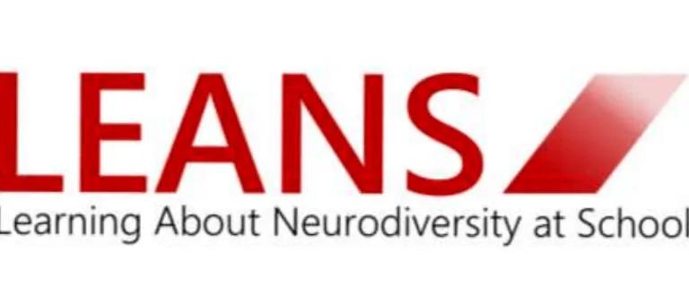 a red geometric logo with the text LEANS. Learning about neurodiversity at school. 