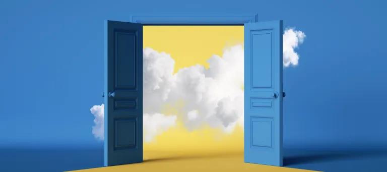 a illustration of a blue doorway, opening onto a sunny scene with fluffy white clouds