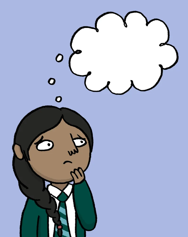 drawing of a child with a puzzled expression. An empty thinking bubble is shown above their head.