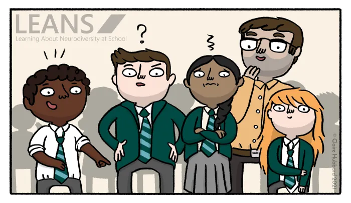 diverse group of four school children standing with their teacher; three students look confused while one student is pointing