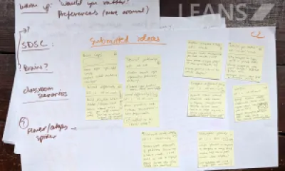 photograph of overlapping sheets of paper covered in sticky notes