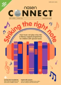 Cover image of July 2022 edition of Nasen magazine, illustration of a row of books surrounded by a pair of headphones, text says \"striking the tight note\"