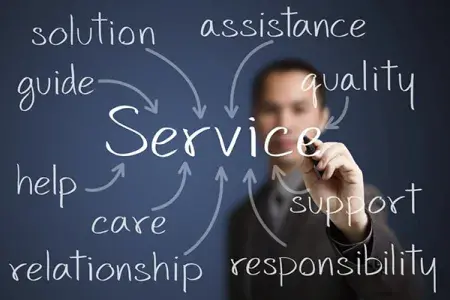 Image of person writing the word service on clear glass screen surrounded by other words, such as care and support, with arrows pointing to the central word