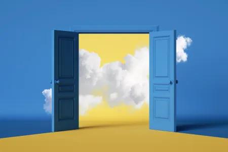 a illustration of a blue doorway, opening onto a sunny scene with fluffy white clouds