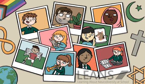 cartoon drawing of different pupils and teachers alongside different symbols of diversity