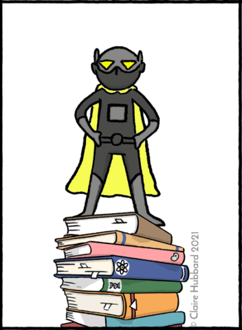 drawing of a superhero standing on a pile of books
