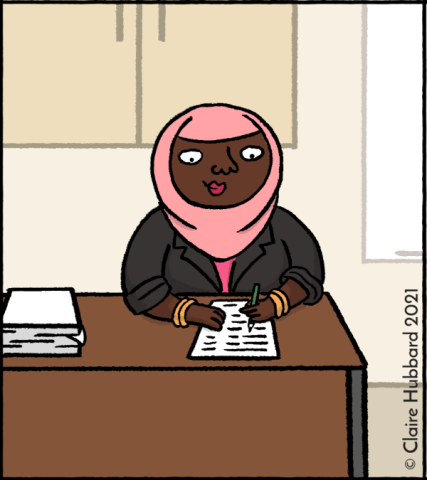 drawing of a woman wearing a hijab sitting at a desk filling out a form