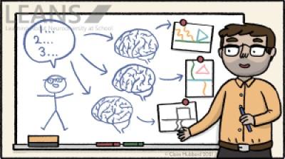 teacher standing in front of whiteboard with drawings of brains