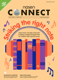 Cover image of July 2022 edition of Nasen magazine, illustration of a row of books surrounded by a pair of headphones, text says \"striking the tight note\"