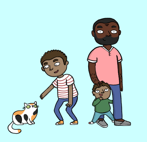 Illustration of a family standing together with their pet cat