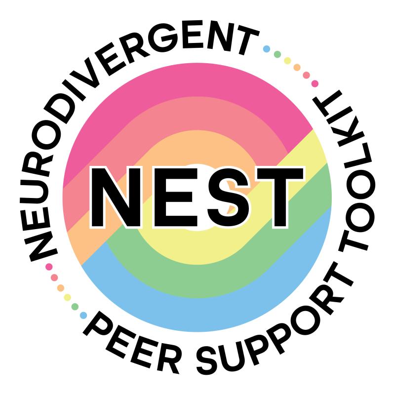 A rainbow-coloured circular logo containing the words 'Neurodivergent peer support toolkit'..
