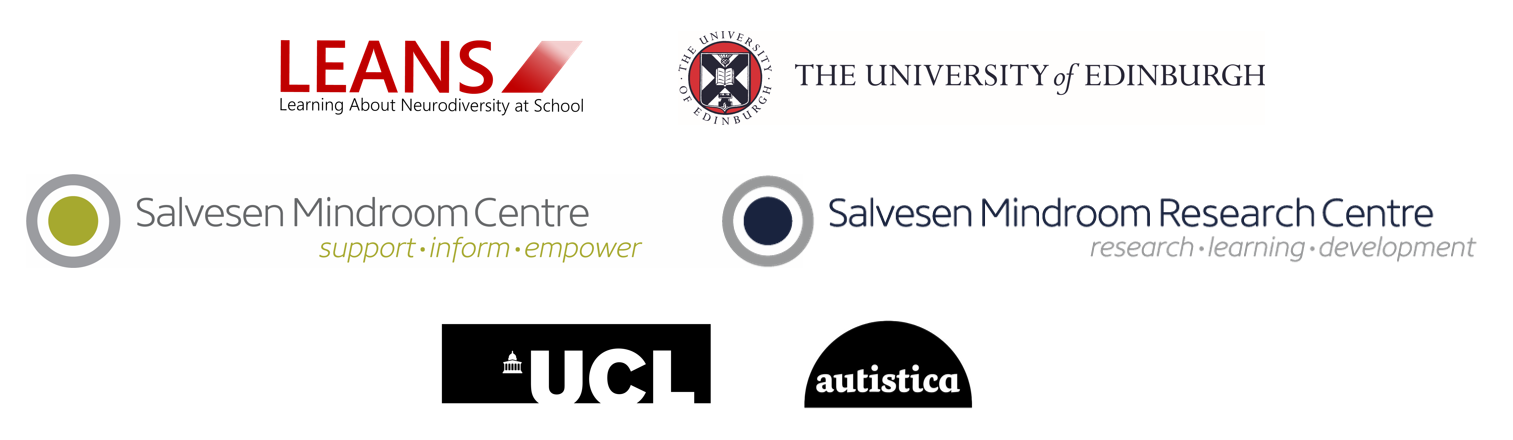 Logos for LEANS, The University of Edinburgh, Salvesen Mindroom Centre, Salvesen Mindroom Research Centre, UCL and Autistica